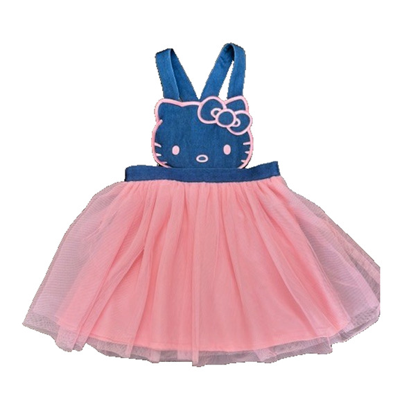 Hello Kitty Sanrio Jumper PINK & Soft Denim Overall Dress Girls Sz 6 Embroidered - Picture 1 of 11